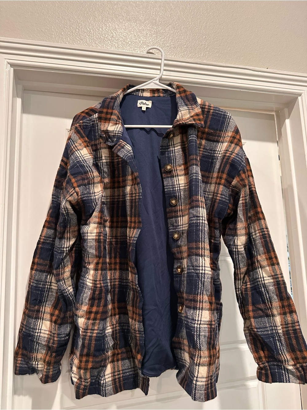 Pulse Plaid Button-Up Jacket in Navy, Brown & Cream